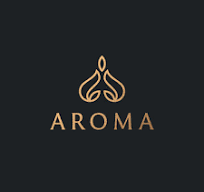 Aroma company logo. Bronze text on black background